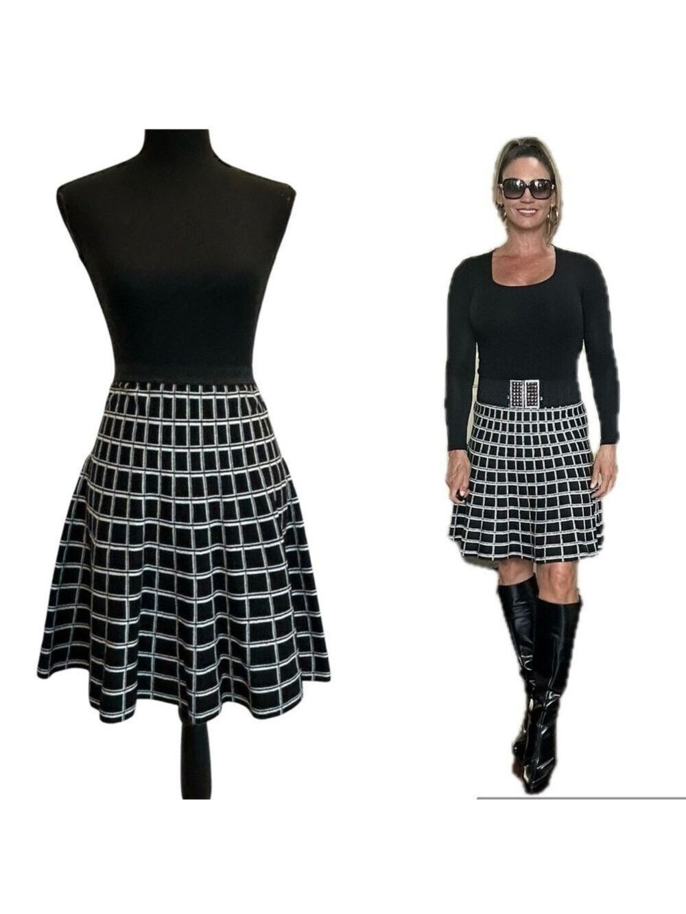 Cynthia Rowley black white windowpane plaid check knit Aline skater circle skirt